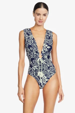 Robin Piccone One Pieces-Indah Shirred One Piece Navy/Ecru