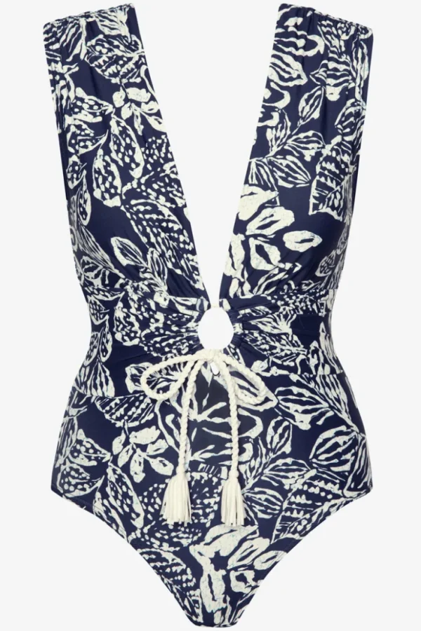 indah_shirred_one_piece_1.webp Robin Piccone One Pieces-Indah Shirred One Piece Navy/Ecru