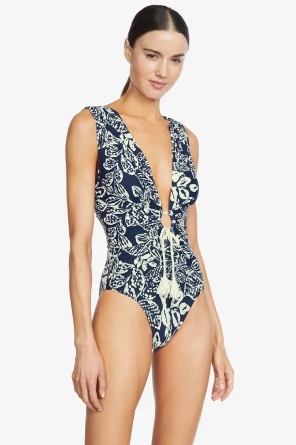 indah_shirred_one_piece_2.webp Robin Piccone One Pieces-Indah Shirred One Piece Navy/Ecru