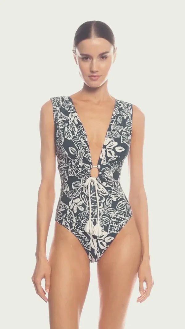 indah_shirred_one_piece_4.webp Robin Piccone One Pieces-Indah Shirred One Piece Navy/Ecru